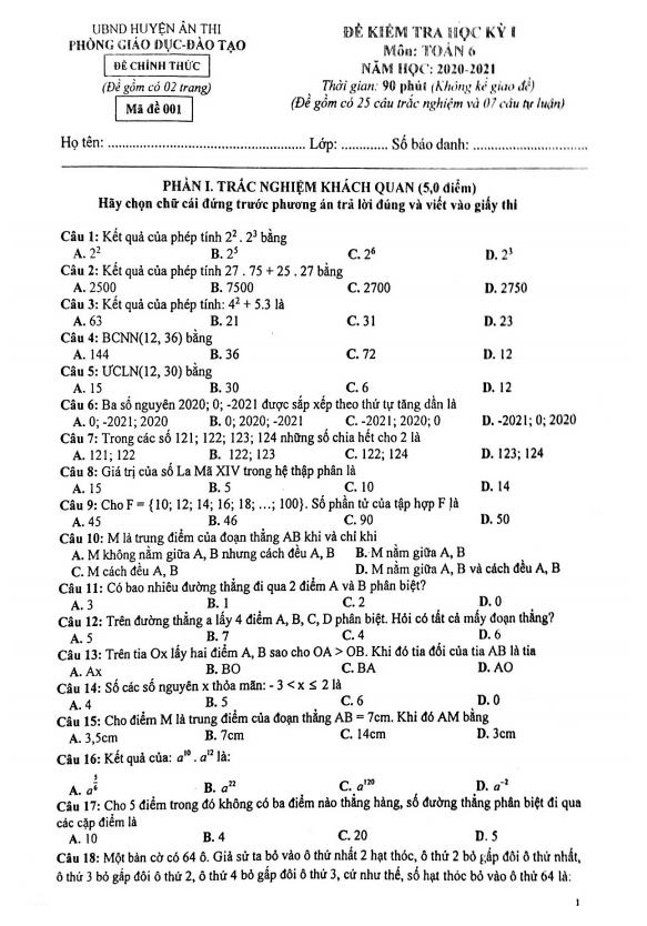 Đề thi học kỳ 1 Toán 6 năm 2020 – 2021 phòng GD&ĐT Ân Thi – Hưng Yên