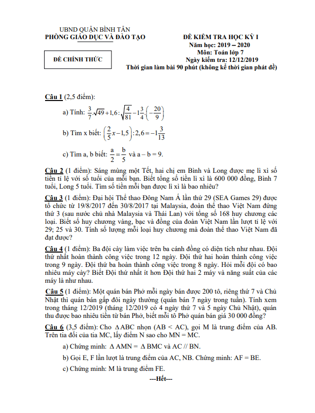 Đề thi học kỳ 1 Toán 7 năm 2019 – 2020 phòng GD&ĐT Bình Tân – TP HCM