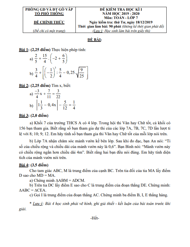 Đề thi học kỳ 1 Toán 7 năm 2019 – 2020 phòng GD&ĐT Gò Vấp – TP HCM
