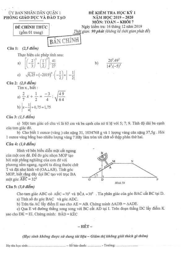 Đề thi học kỳ 1 Toán 7 năm 2019 – 2020 phòng GD&ĐT Quận 1 – TP HCM