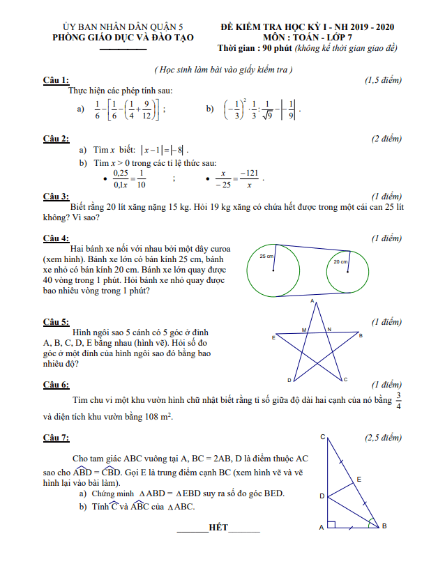 Đề thi học kỳ 1 Toán 7 năm 2019 – 2020 phòng GD&ĐT Quận 5 – TP HCM