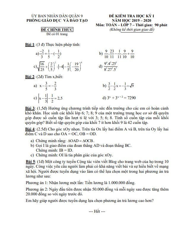 Đề thi học kỳ 1 Toán 7 năm 2019 – 2020 phòng GD&ĐT Quận 9 – TP HCM