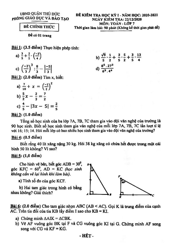 Đề thi học kỳ 1 Toán 7 năm 2020 – 2021 phòng GD&ĐT Thủ Đức – TP HCM