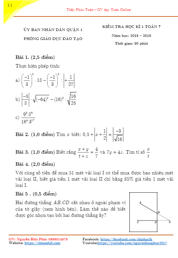 Đề thi học kỳ 1 Toán 7 năm học 2018 – 2019 phòng GD&ĐT Quận 1 – TP. HCM