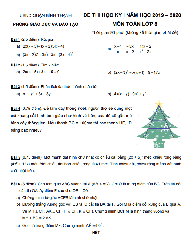 Đề thi học kỳ 1 Toán 8 năm 2019 – 2020 phòng GD&ĐT Bình Thạnh – TP HCM