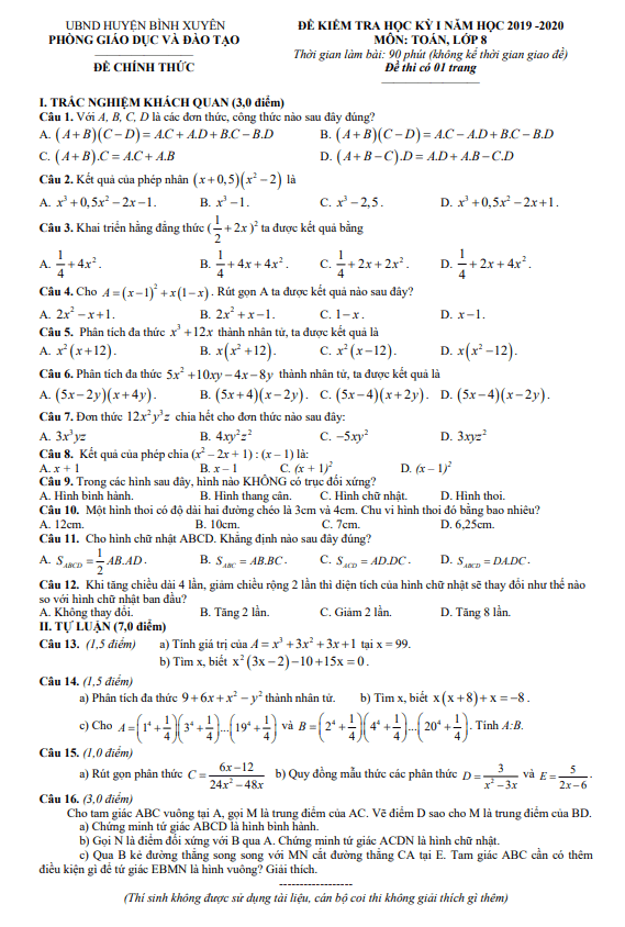 Đề thi học kỳ 1 Toán 8 năm 2019 – 2020 phòng GD&ĐT Bình Xuyên – Vĩnh Phúc
