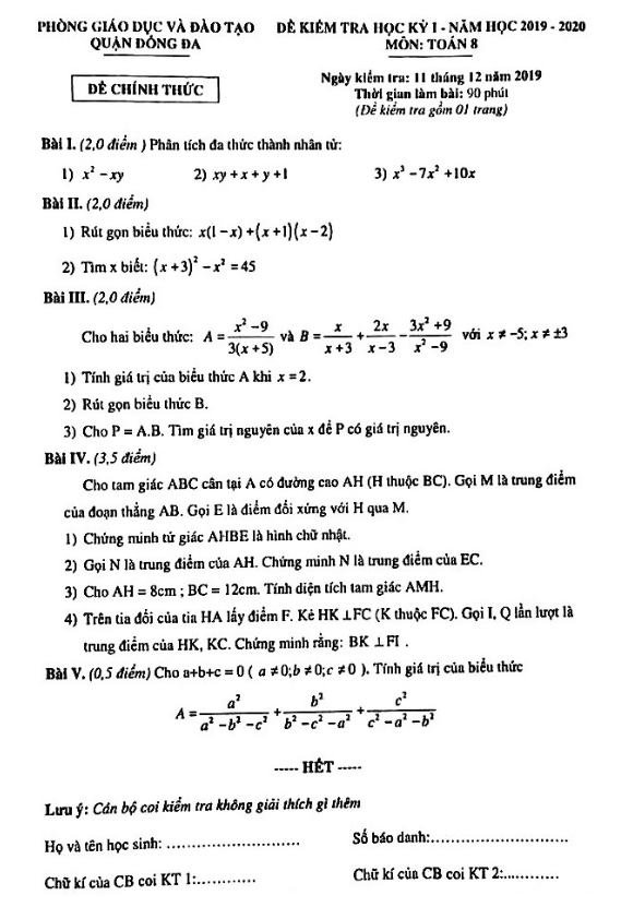 Đề thi học kỳ 1 Toán 8 năm 2019 – 2020 phòng GD&ĐT Đống Đa – Hà Nội