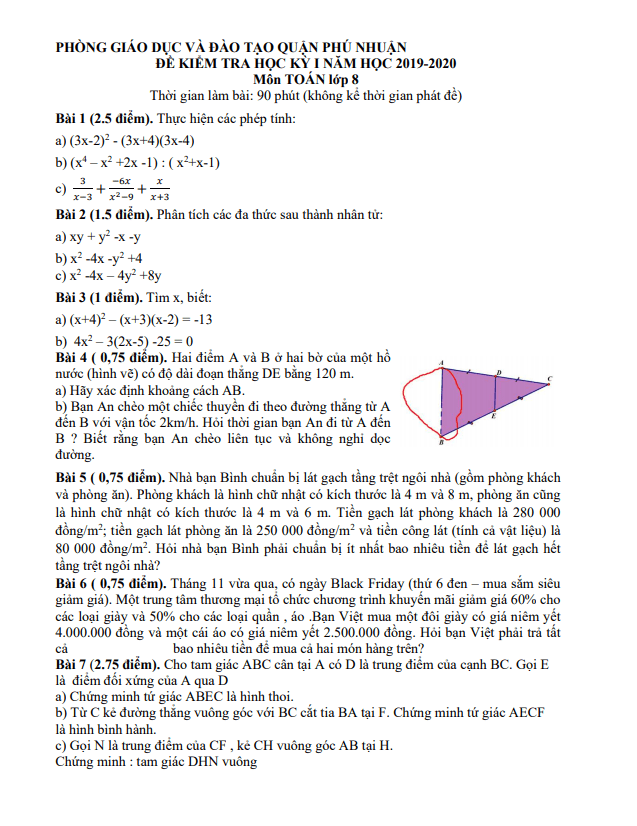 Đề thi học kỳ 1 Toán 8 năm 2019 – 2020 phòng GD&ĐT Phú Nhuận – TP HCM