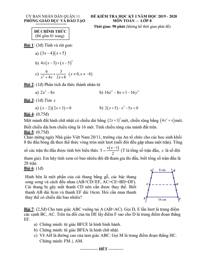 Đề thi học kỳ 1 Toán 8 năm 2019 – 2020 phòng GD&ĐT Quận 11 – TP HCM