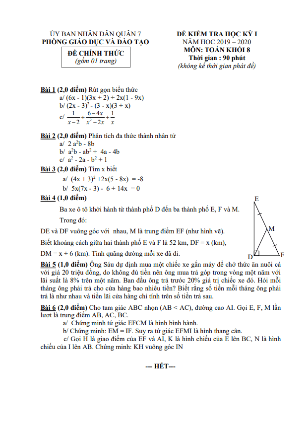 Đề thi học kỳ 1 Toán 8 năm 2019 – 2020 phòng GD&ĐT Quận 7 – TP HCM