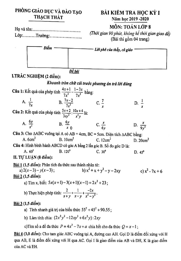 Đề thi học kỳ 1 Toán 8 năm 2019 – 2020 phòng GD&ĐT Thạch Thất – Hà Nội