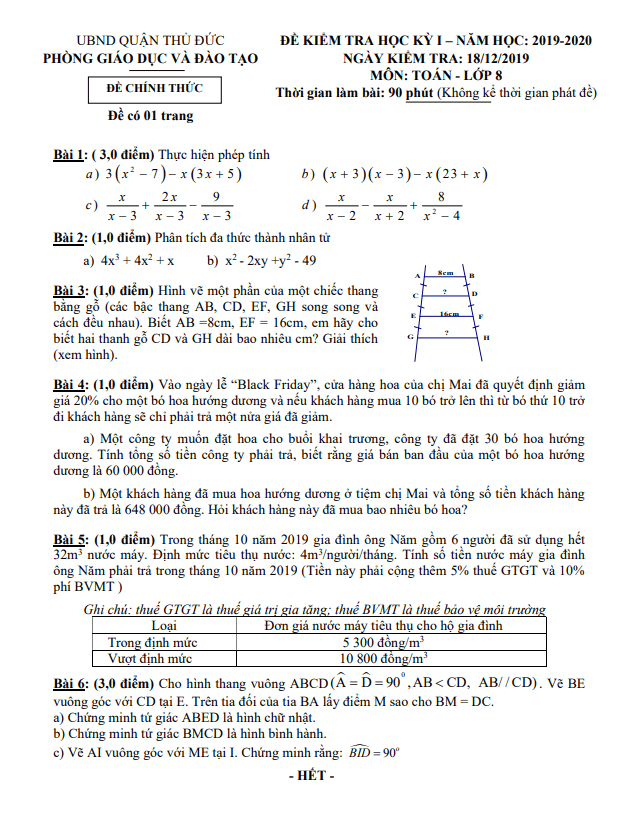Đề thi học kỳ 1 Toán 8 năm 2019 – 2020 phòng GD&ĐT Thủ Đức – TP HCM