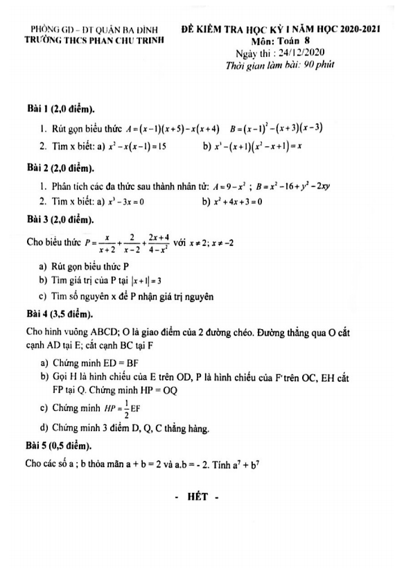 Đề thi học kỳ 1 Toán 8 năm 2020 – 2021 trường THCS Phan Chu Trinh – Hà Nội