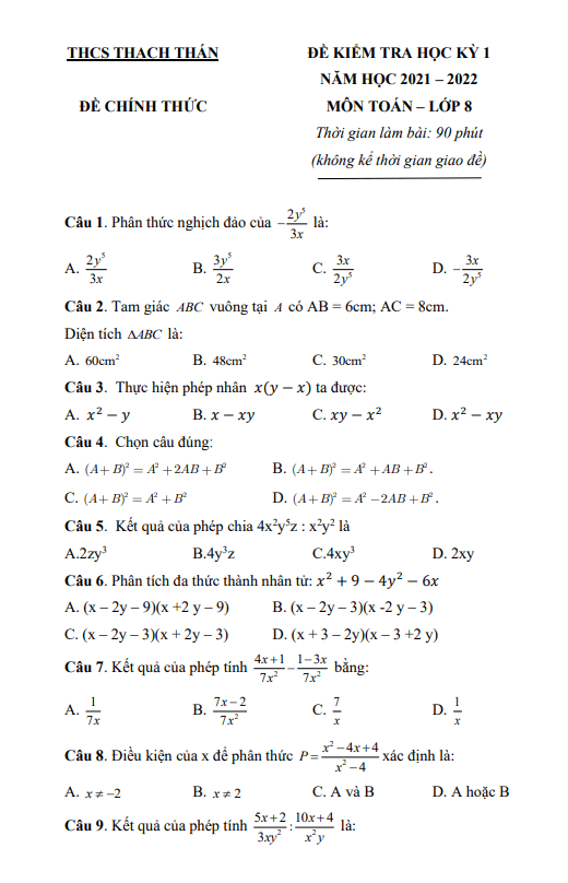 Đề thi học kỳ 1 Toán 8 năm 2021 – 2022 trường THCS Thạch Thán – Hà Nội