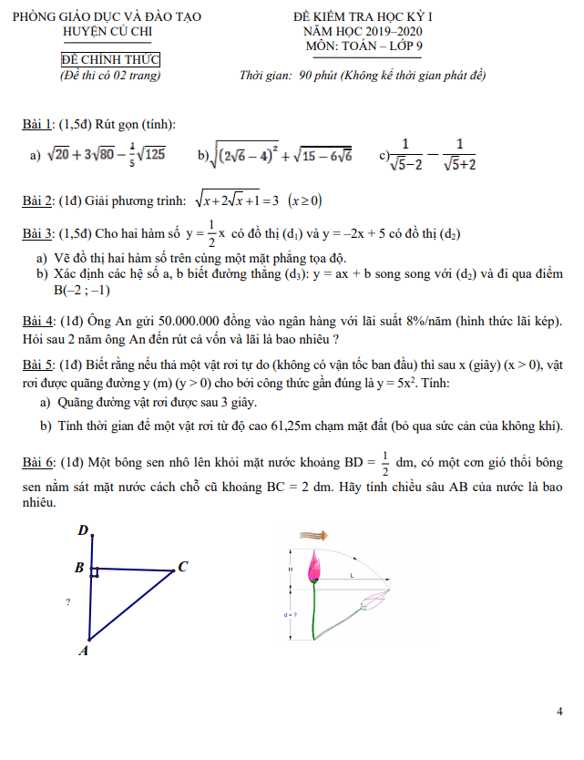 Đề thi học kỳ 1 Toán 9 năm 2019 – 2020 phòng GD&ĐT Củ Chi – TP HCM