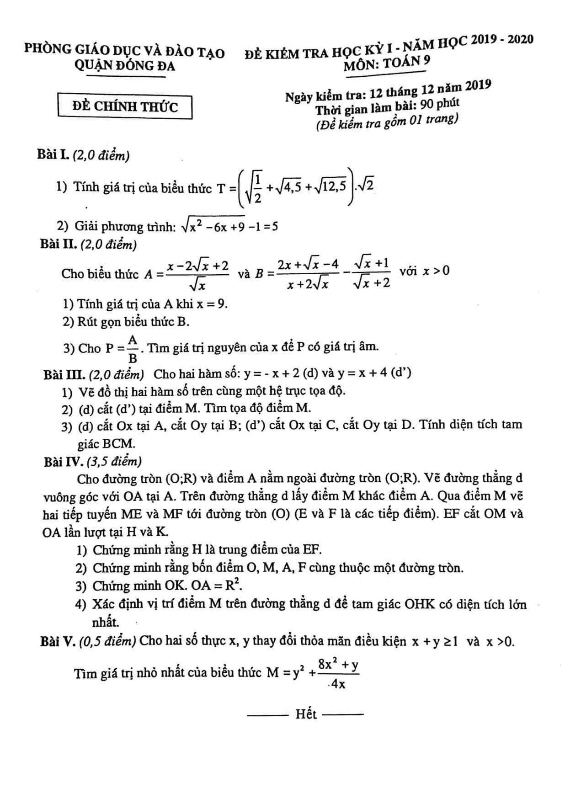 Đề thi học kỳ 1 Toán 9 năm 2019 – 2020 phòng GD&ĐT Đống Đa – Hà Nội
