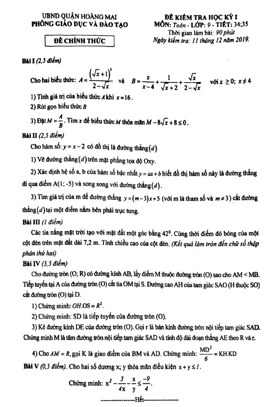 Đề thi học kỳ 1 Toán 9 năm 2019 – 2020 phòng GD&ĐT Hoàng Mai – Hà Nội