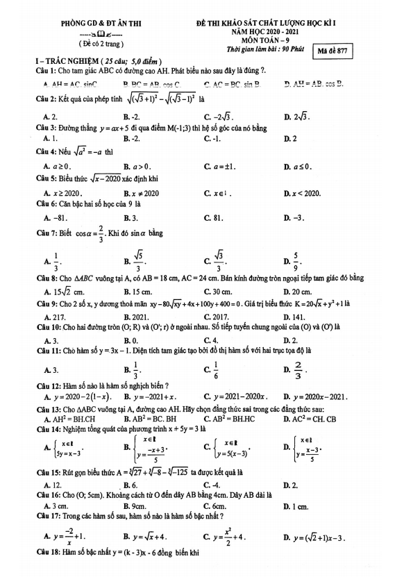 Đề thi học kỳ 1 Toán 9 năm 2020 – 2021 phòng GD&ĐT Ân Thi – Hưng Yên