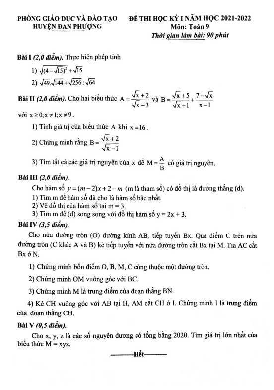 Đề thi học kỳ 1 Toán 9 năm 2021 – 2022 phòng GD&ĐT Đan Phượng – Hà Nội