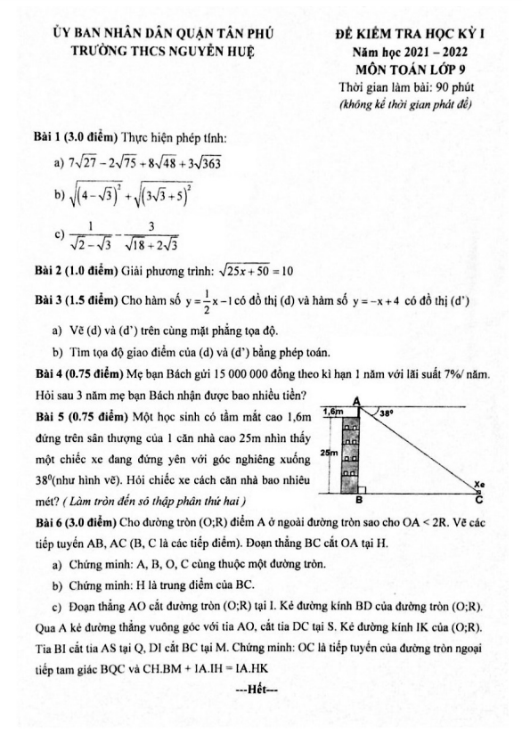 Đề thi học kỳ 1 Toán 9 năm 2021 – 2022 trường THCS Nguyễn Huệ – TP HCM