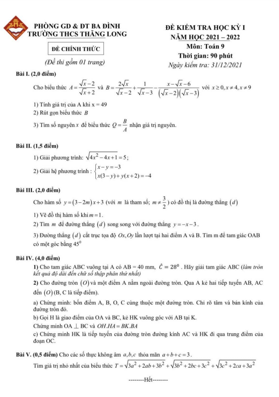 Đề thi học kỳ 1 Toán 9 năm 2021 – 2022 trường THCS Thăng Long – Hà Nội