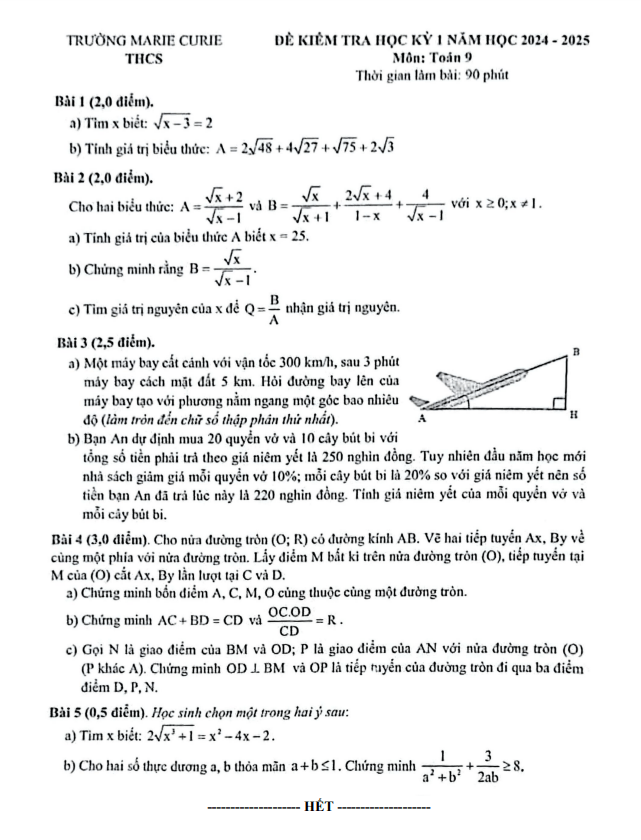 Đề thi học kỳ 1 Toán 9 năm 2024 – 2025 trường Marie Curie – Hà Nội