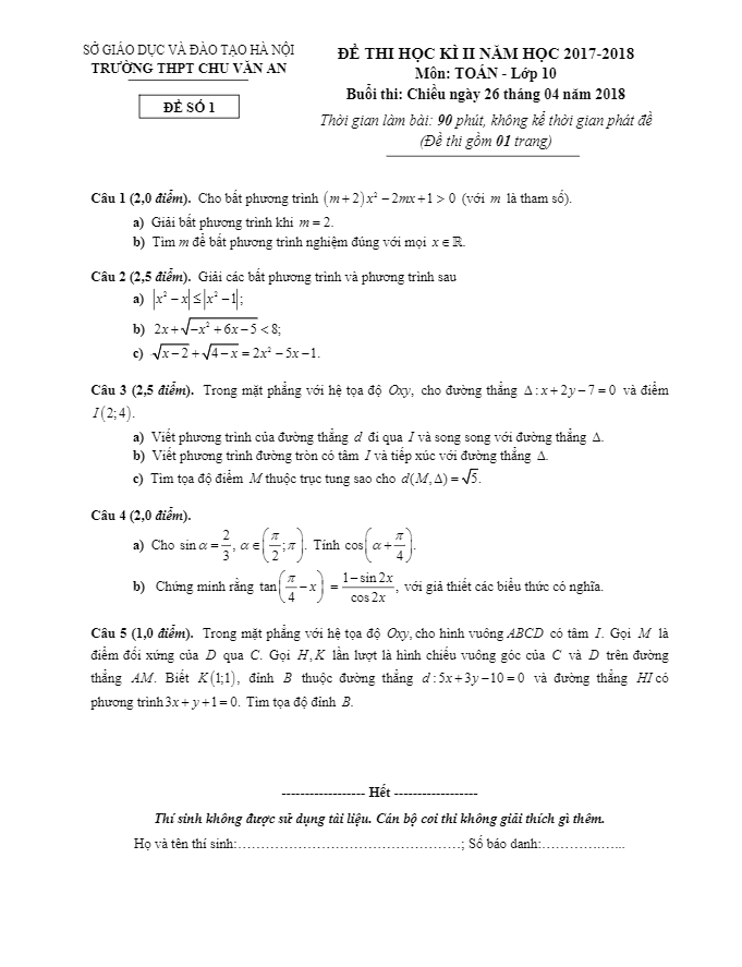 Đề thi học kỳ 2 Toán 10 năm 2017 – 2018 trường THPT Chu Văn An – Hà Nội
