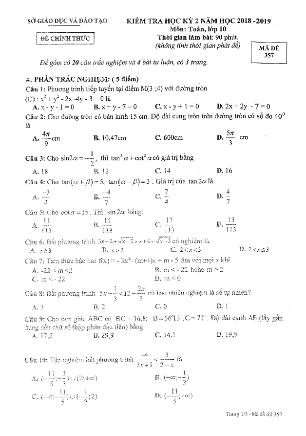 Đề thi học kỳ 2 Toán 10 năm 2018 – 2019 sở GD&ĐT Bình Dương
