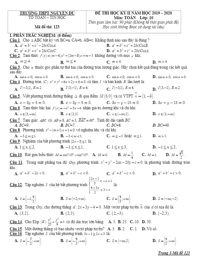 Đề thi học kỳ 2 Toán 10 năm 2019 – 2020 trường THPT Nguyễn Du – Lâm Đồng