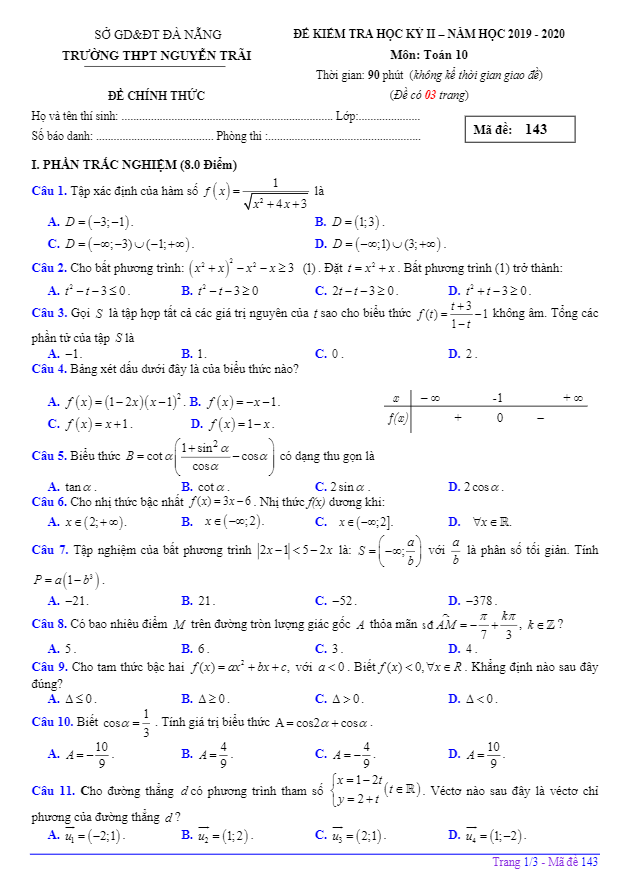 Đề thi học kỳ 2 Toán 10 năm 2019 – 2020 trường THPT Nguyễn Trãi – Đà Nẵng