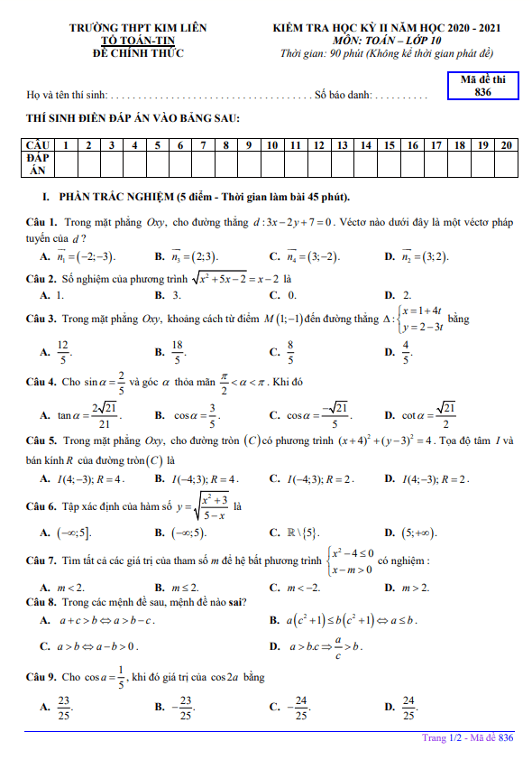 Đề thi học kỳ 2 Toán 10 năm 2020 – 2021 trường THPT Kim Liên – Hà Nội