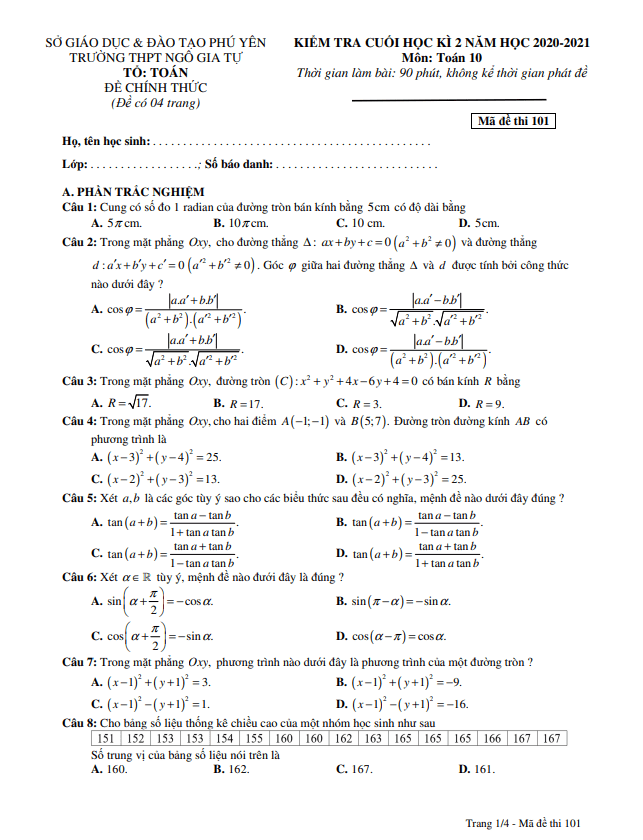Đề thi học kỳ 2 Toán 10 năm 2020 – 2021 trường THPT Ngô Gia Tự – Phú Yên