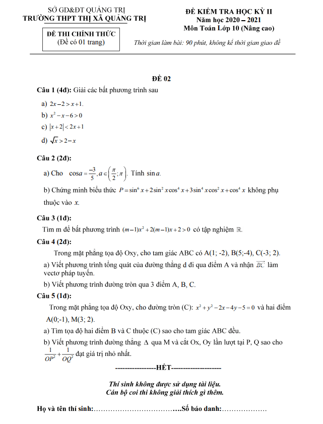 Đề thi học kỳ 2 Toán 10 năm 2020 – 2021 trường THPT Thị xã Quảng Trị