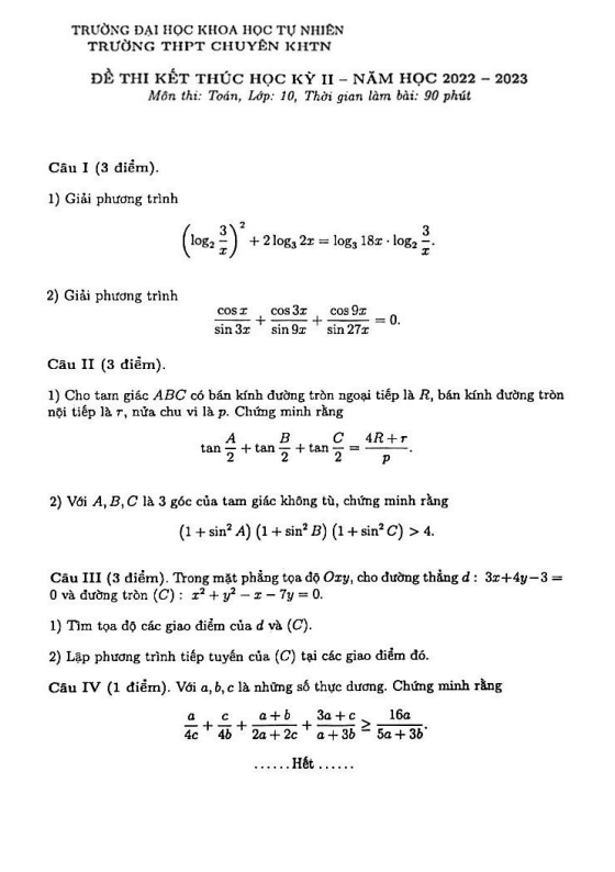 Đề thi học kỳ 2 Toán 10 năm 2022 – 2023 trường chuyên KHTN – Hà Nội