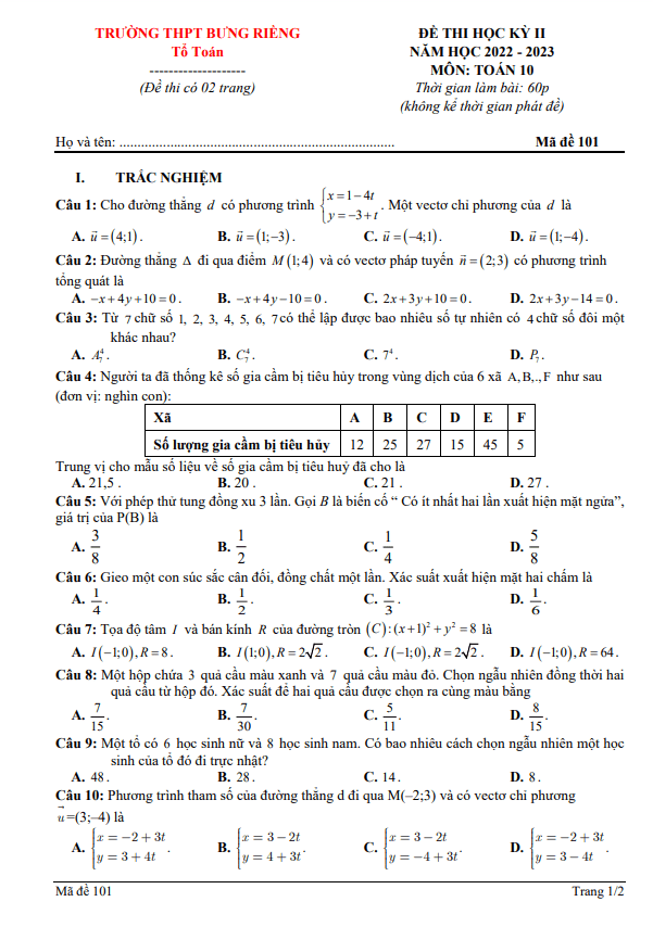 Đề thi học kỳ 2 Toán 10 năm 2022 – 2023 trường THPT Bưng Riềng – BR VT