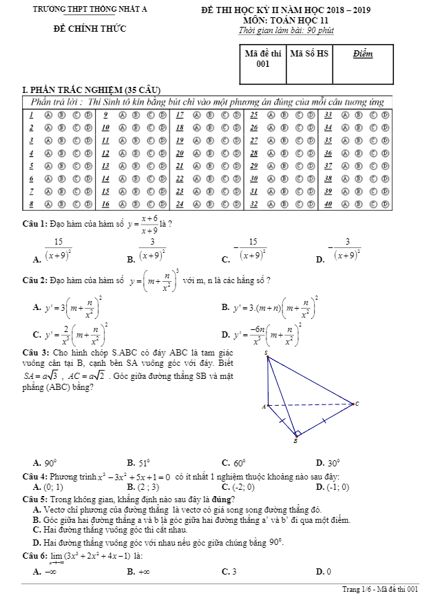 Đề thi học kỳ 2 Toán 11 năm 2018 – 2019 trường Thống Nhất A – Đồng Nai