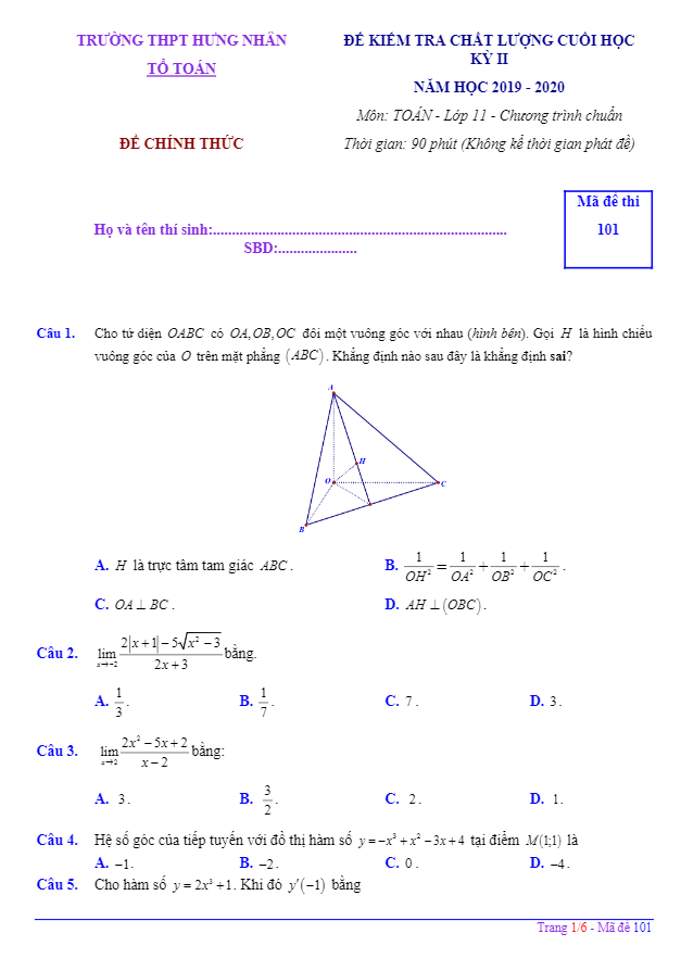Đề thi học kỳ 2 Toán 11 năm 2019 – 2020 trường THPT Hưng Nhân – Thái Bình