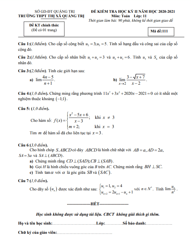 Đề thi học kỳ 2 Toán 11 năm 2020 – 2021 trường THPT Thị xã Quảng Trị