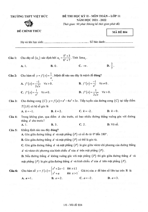 Đề thi học kỳ 2 Toán 11 năm 2021 – 2022 trường THPT Việt Đức – Hà Nội