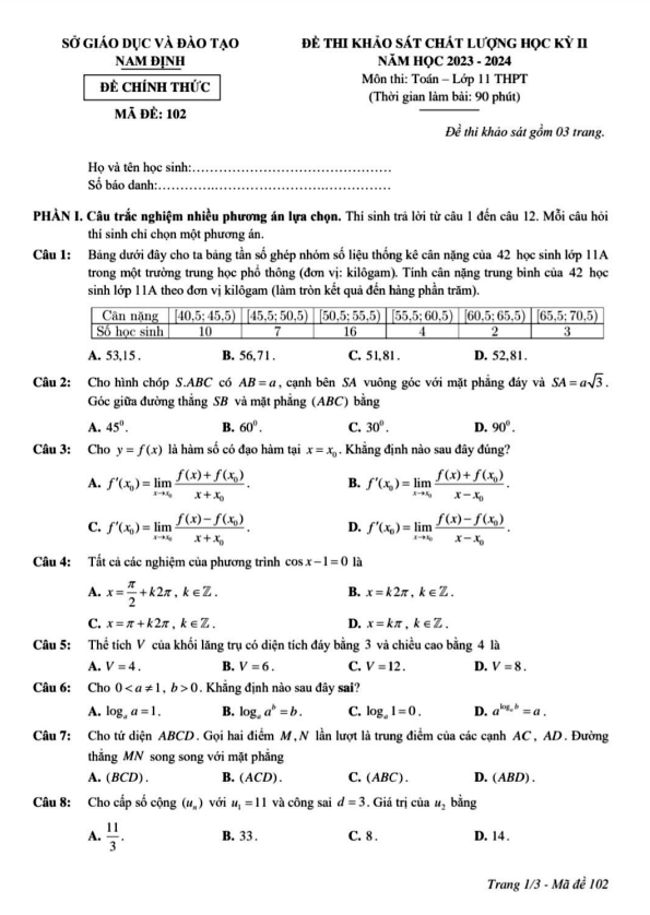 Đề thi học kỳ 2 Toán 11 năm 2023 – 2024 sở GD&ĐT Nam Định
