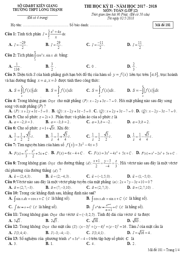 Đề thi học kỳ 2 Toán 12 năm 2017 – 2018 trường THPT Long Thạnh – Kiên Giang