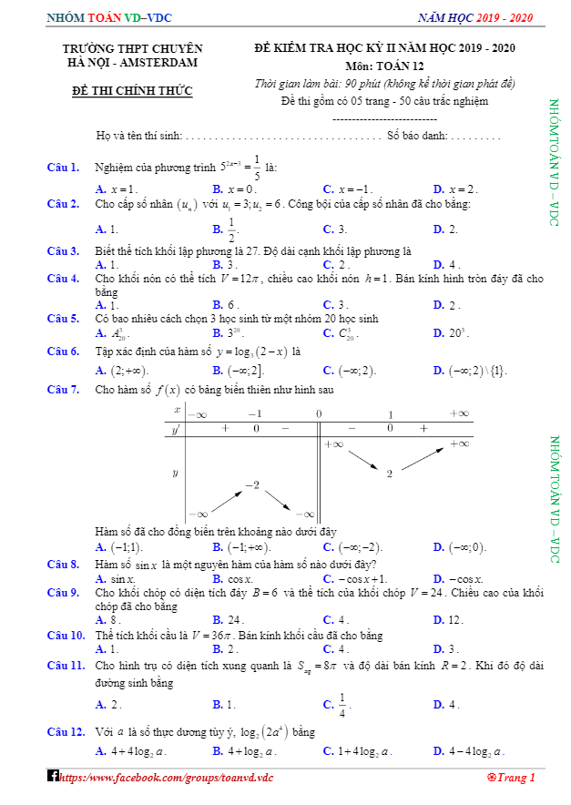 Đề thi học kỳ 2 Toán 12 năm 2019 – 2020 trường THPT chuyên Hà Nội – Amsterdam
