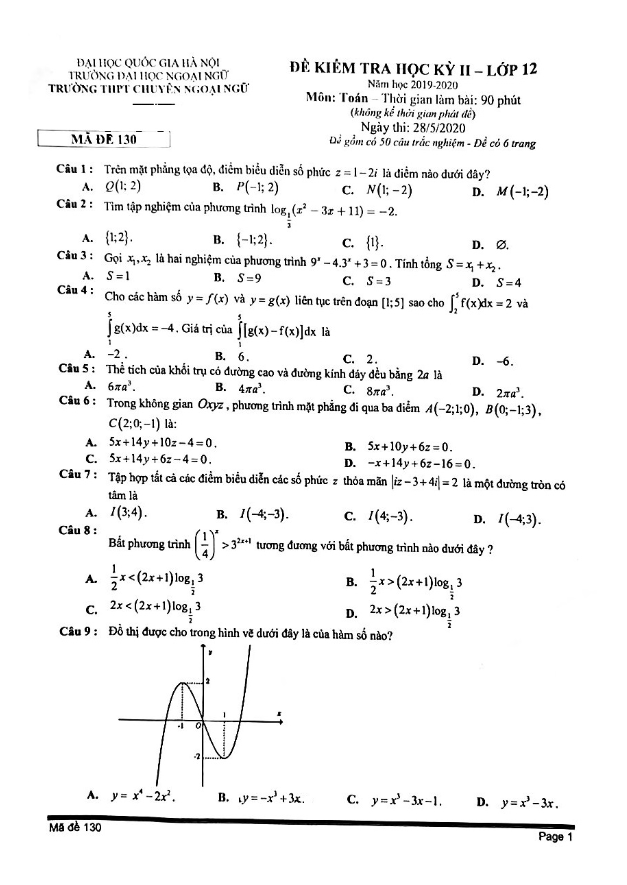 Đề thi học kỳ 2 Toán 12 năm 2019 – 2020 trường THPT chuyên Ngoại Ngữ – Hà Nội