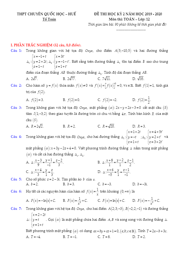 Đề thi học kỳ 2 Toán 12 năm 2019 – 2020 trường THPT chuyên Quốc học Huế