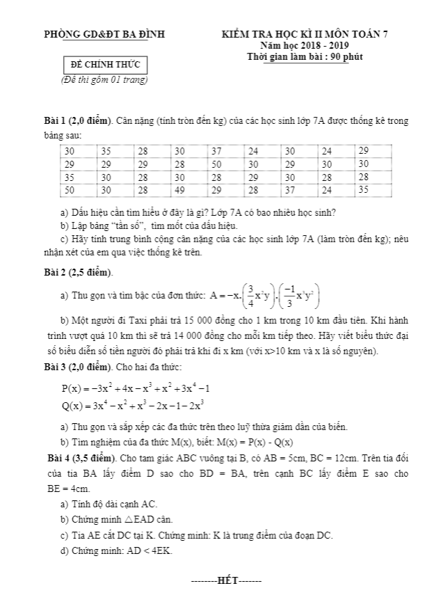 Đề thi học kỳ 2 Toán 7 năm 2018 – 2019 phòng GD&ĐT Ba Đình – Hà Nội