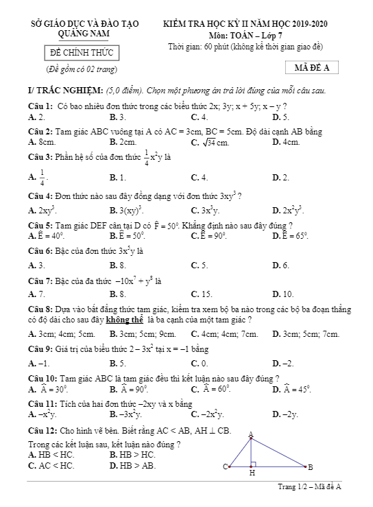 Đề thi học kỳ 2 Toán 7 năm học 2019 – 2020 sở GD&ĐT Quảng Nam