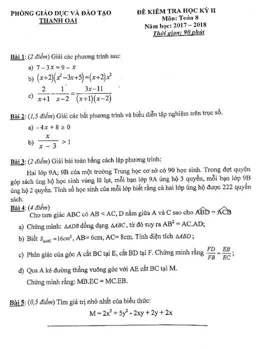Đề thi học kỳ 2 Toán 8 năm 2017 – 2018 phòng GD và ĐT Thanh Oai – Hà Nội
