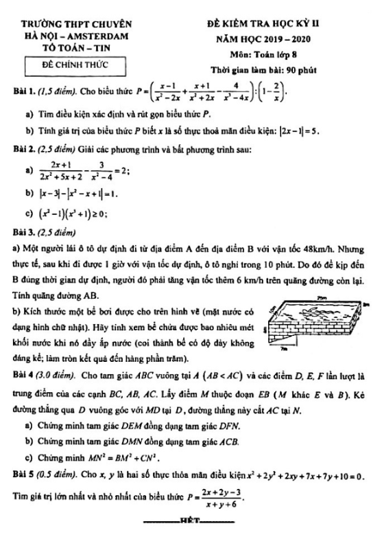 Đề thi học kỳ 2 Toán 8 năm 2019 – 2020 trường THPT chuyên Hà Nội – Amsterdam