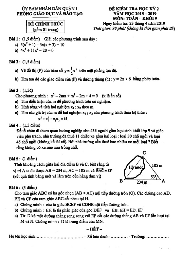 Đề thi học kỳ 2 Toán 9 năm 2018 – 2019 phòng GD&ĐT Quận 1 – TP HCM