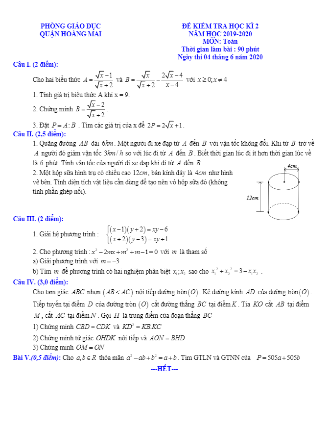 Đề thi học kỳ 2 Toán 9 năm 2019 – 2020 phòng GD&ĐT Hoàng Mai – Hà Nội